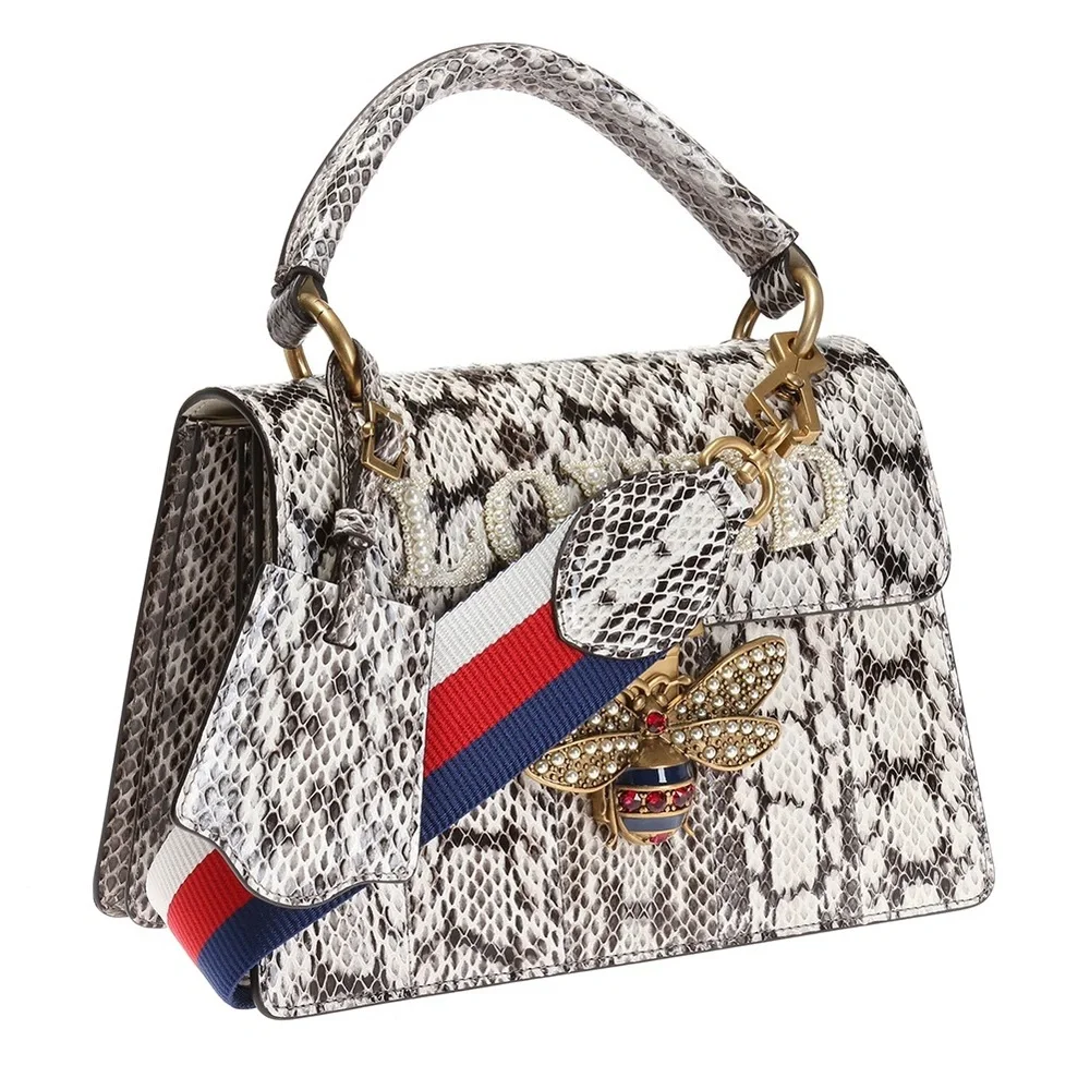 Gucci Black and White Snakeskin 'LOVED' Bee Top Handle Shoulder Bag